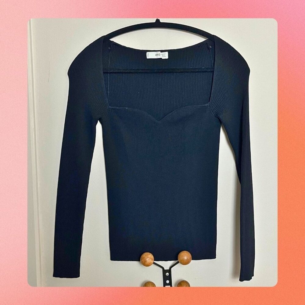 Mango Ribbed Sweetheart Neckline Top